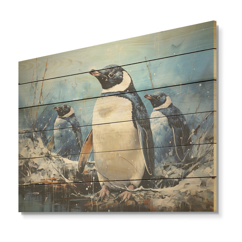 Snowy Penguin Family Wonders I - Penguin Wood Art On Natural Pine Wood, 30" H x 40" W