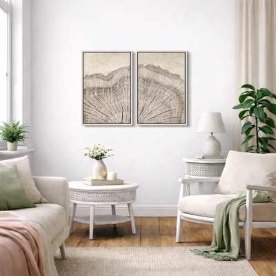 Tree Ring "Oak Wood Stump Slice Artwork, Vintage Neutral Country Cabin Wall Pictures, Framed Canvas Giclée Print 2 Pieces Wall Art"