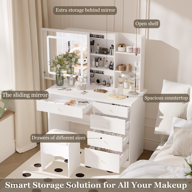 100cm Wide Dressing Table with Sliding 3-Colour LED Mirror & Hidden Storage, 5-Drawer Vanity & Stool, White