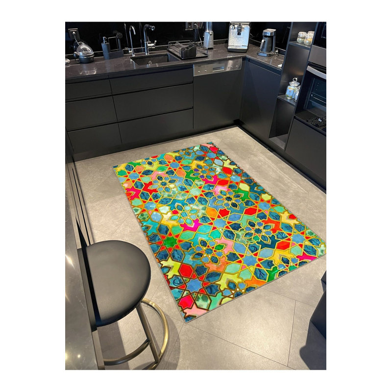 Tapis vert lavable à motif tissé à motif brodé vert, Sous-tapis carré 3 pi 3 po inclus