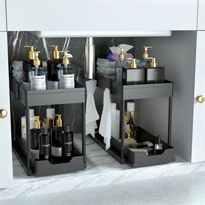 Under Sink Organizer 2 Pack, Bathroom Cabinet Organizer, 2 Tier Sliding Cabinet Basket Organizer Drawer, Multi-Purpose Bath Collection Baskets For Bathroom (Black)