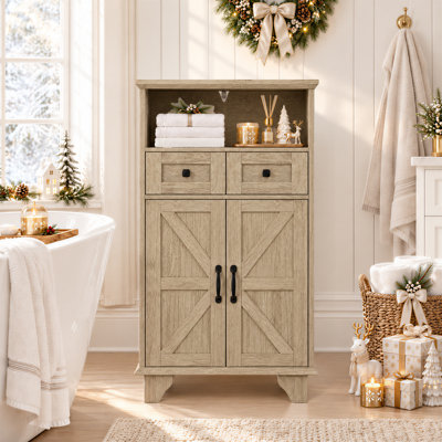 Armoire à linge haute, meuble de rangement de salle de bain autoportant avec 2 portes et 2 tiroirs, armoire à serviettes de style campagnard