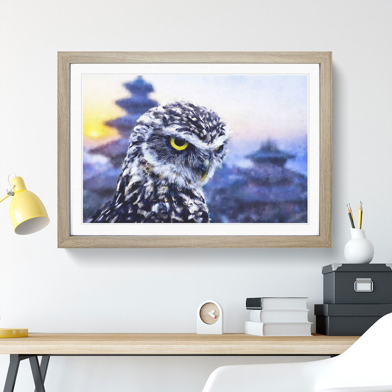 Owl In Nepal - Single Picture Frame Print on MDF, Oak, 24cm H x 33cm W x 2cm D