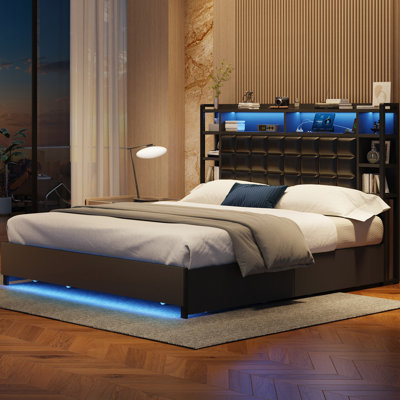 Modern Upholstered King Bed, LED Headboard with Charging Station, Quiet Support & Quick Assembly