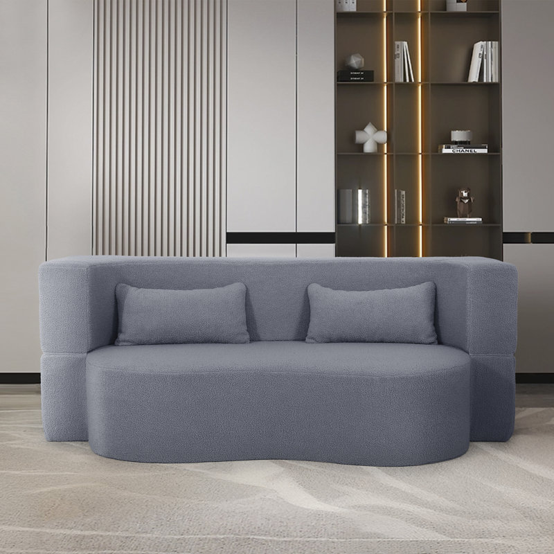 Velano Compact Ribbed Futon Sofa Bed With Pillows In Soft Teddy Fabric, Gray Teddy