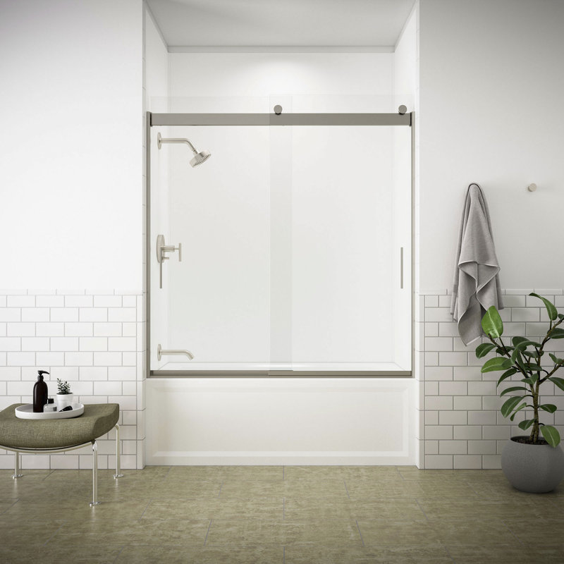 Levitysliding Bath Door, 62-In H X 56-5/8 - 59-5/8-In W, With 5/16-In Thick Crystal Clear Glass, Nickel