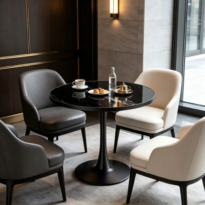 Table de salle à manger ronde 31,5 po en pierre frittée, table tulipe de style Mid-Century moderne avec base en acier inoxydable noir pour la cuisine, le patio et les petits espaces