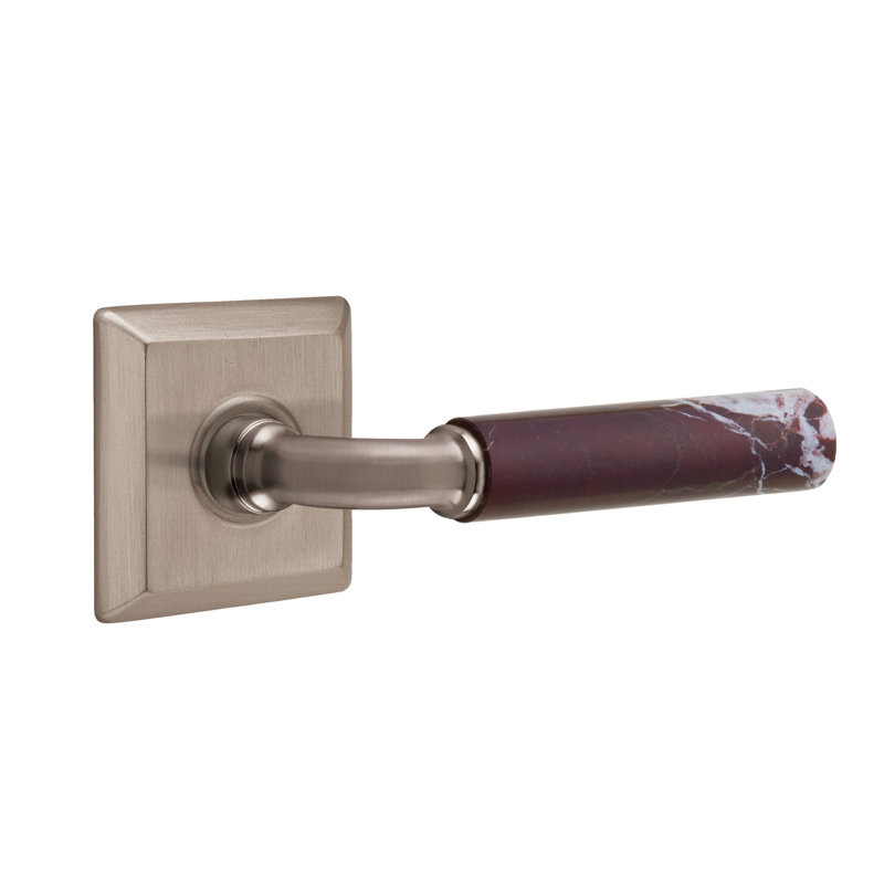 Ensemble de leviers d'intimité Emtek Select avec rosette Quincy et tige R-Bar, levier en marbre Rosso Levanto (CF), Étain
