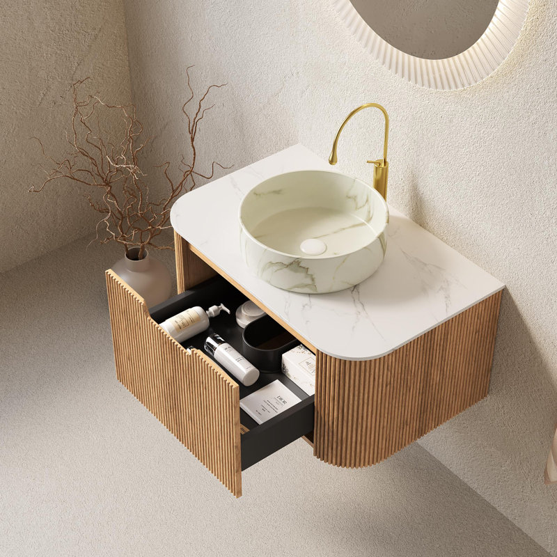 Meuble-lavabo flottant à bord arrondi pré-assemblé, Blanc pierre, 30