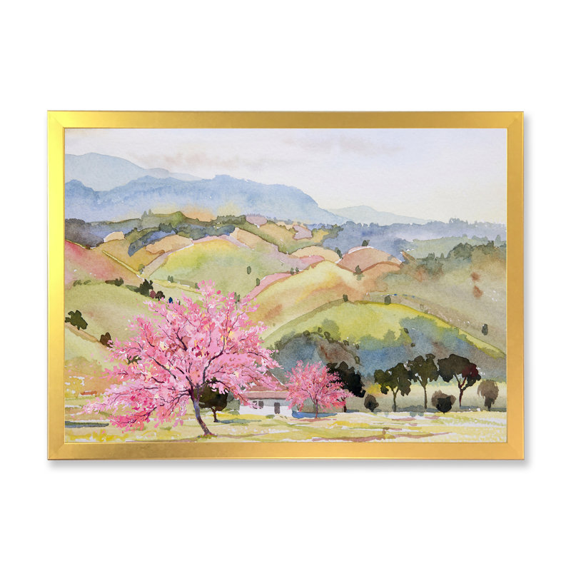 «Pink Mountain Tree in Autumn Landscape», peinture sur toile, L 32 po x H 24 po, Encadrement doré