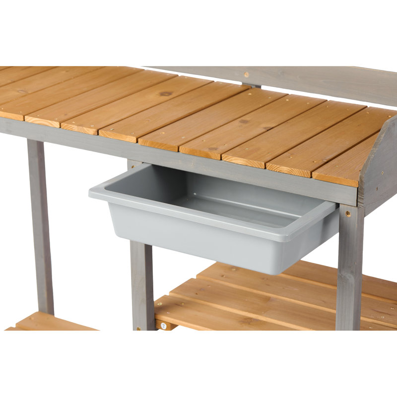 Table de travail en bois pour jardin, banc de rempotage extérieur avec armoire, grande surface de travail, construction en bois, banc de couleur brune et grise, fabrication spacieuse de l'armoire, finition gris et finition