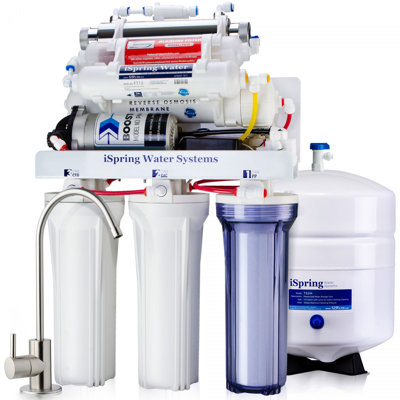 iSpring RCC1UP-AK, système de filtration de l'eau par osmose inversée à 7 étapes de 100 GPD avec pompe Boost, reminéralisation alcaline et filtre UV, conception de robinet montée sur le dessus pour une installation facile