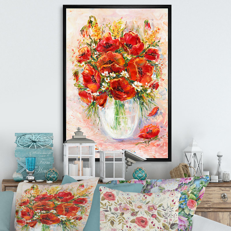 Red Spring Floral, peinture - sur, H 20 po x l 12 po x P 1 po, Cadre flottant noir