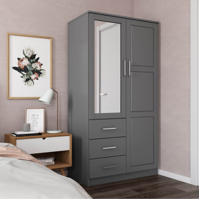 Metro 100% Solid Wood 2-Door Wardrobe Closet with Mirrored Door, Drawers & Adjustable Shelves – Freestanding Bedroom Storage Cabinet