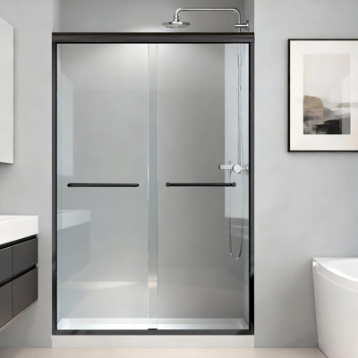 44 à 48 po X P 72 po H Porte de douche coulissante semi-sans cadre en noir mat Verre trempé épais