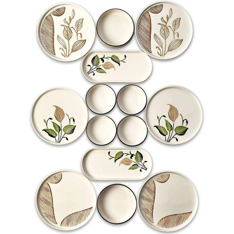 Ensemble de service de déjeuner en céramique (ensemble de 14), Floral, Beige
