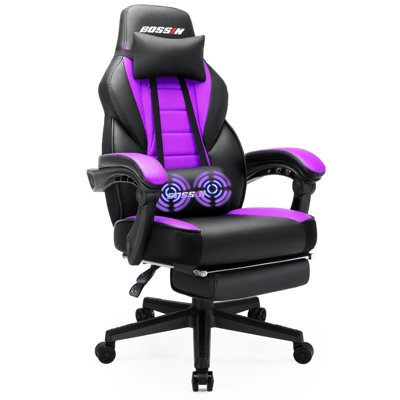 BOSSIN Adjustable Reclining Ergonomic Faux Leather Swiveling PC & Racing Game Chair with Footrest in Purple