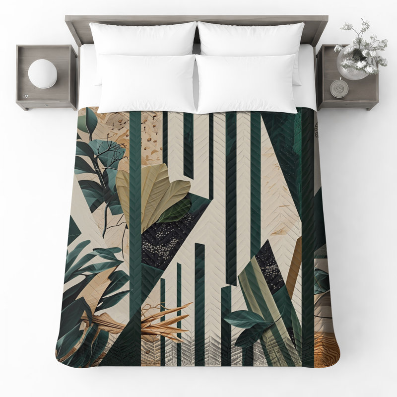 Geometric Leafy Abstract Quilted Bedspread All Sizes, Twin