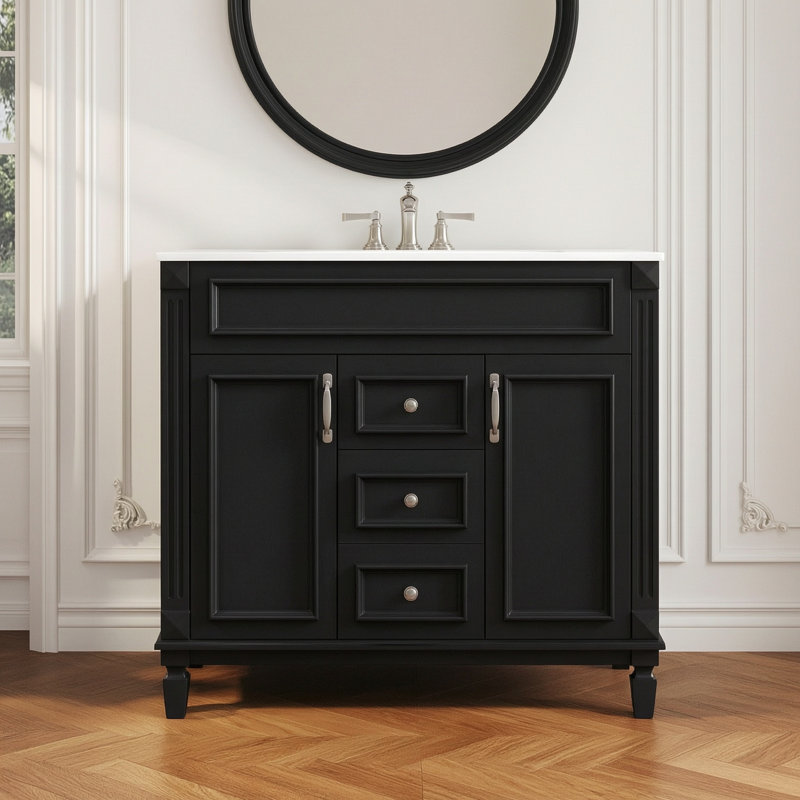 Meuble-lavabo simple avec lavabo en céramique, Noir