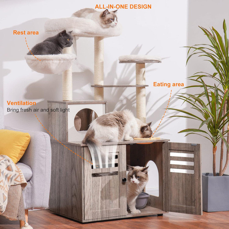 Rustic Gray Wood Cat Tree with Litter Box Enclosure