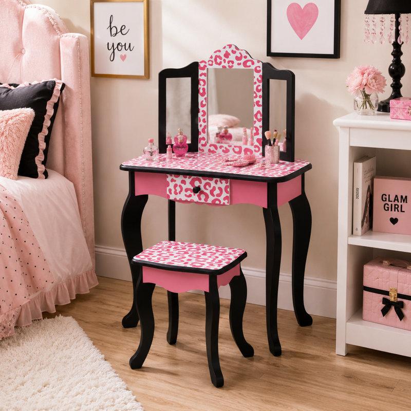 Teamson Kids Gisele Wooden Play Vanity Set with Tri-Fold Mirror, Storage Drawer, Matching Stool and Kids Makeup Table for Ages 3+
