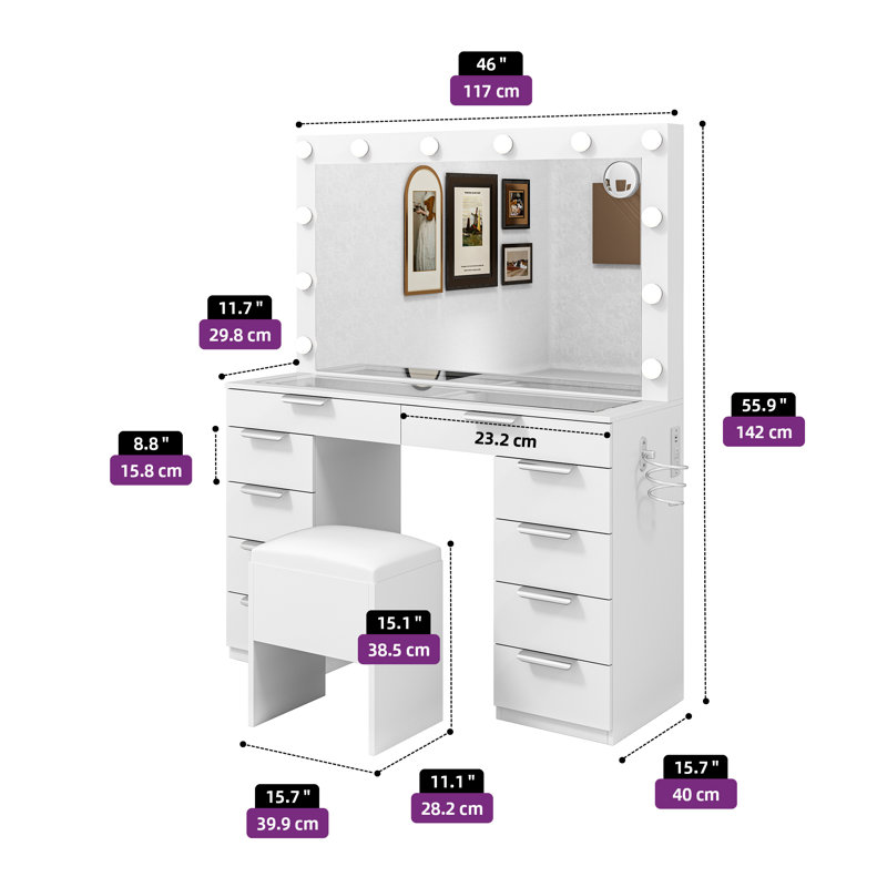 10-Drawer Makeup Vanity Desk with Large Mirror, White