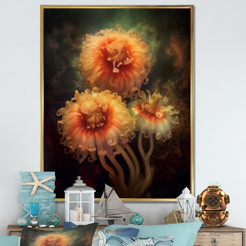 «Beautiful Deep Deep Sea Anemones» en rose sur toile, H 44 po x l 34 po, Cadre flottant doré