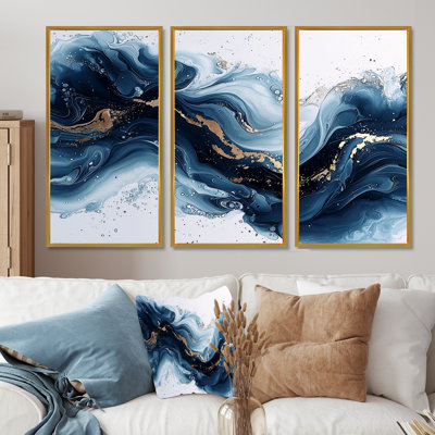 Or et bleu céleste fluidité II - art mural encre liquide - 3 panneaux