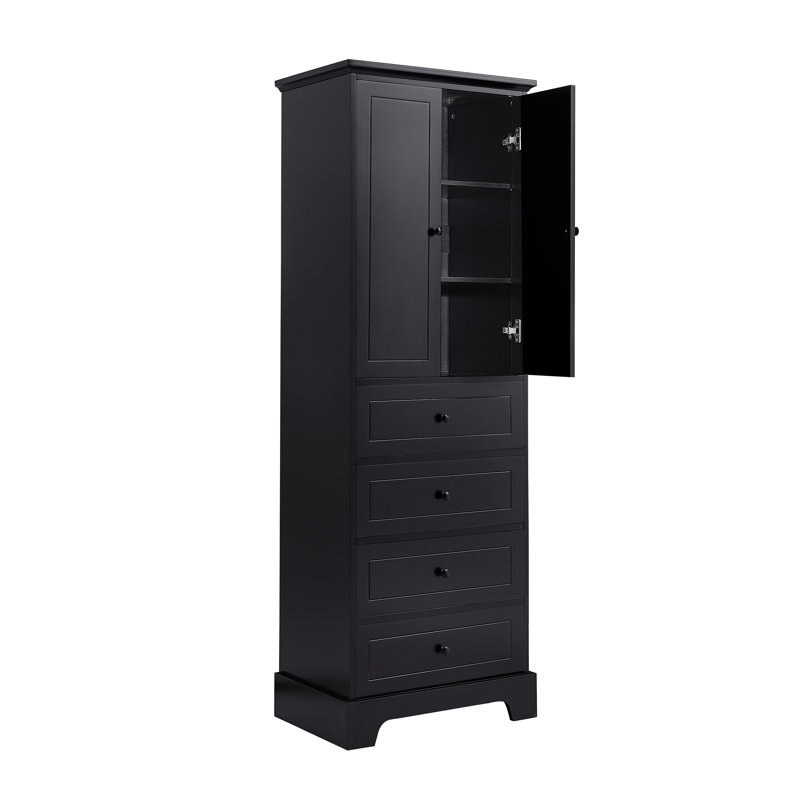 Armoire de rangement noire avec 2 portes et 4 tiroirs - Armoire de salle de bain en MDF à tablette réglable