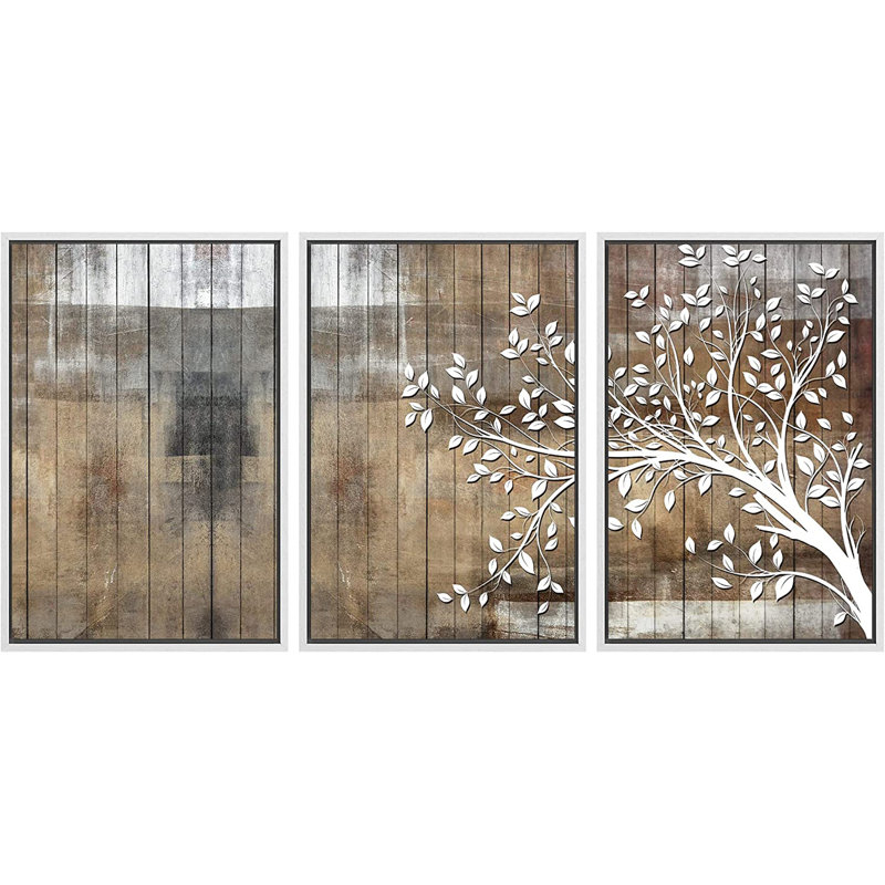 «White Tree Silhouette and Color Blocks», reproduction sur toile flottante 3 pièces, H 24 po x l 48 po , Blanc