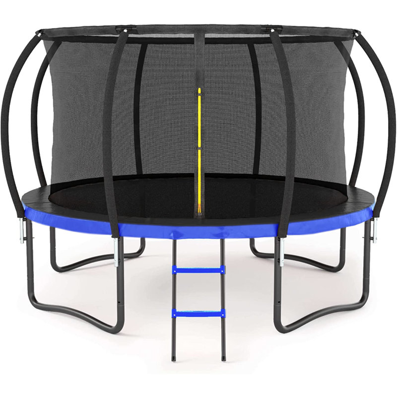 Grand trampoline d'extérieur 12 pi avec filet de sécurité intérieur, échelle, rembourrage en PVC à ressort, pour enfants, noir et bleu