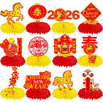 10 Pcs Chinese New Year Table Centerpieces – Year Of The Horse 2026 Lunar New Year Decor, Red & Gold Spring Festival Party Supplies With Honeycomb & Cardstock Base