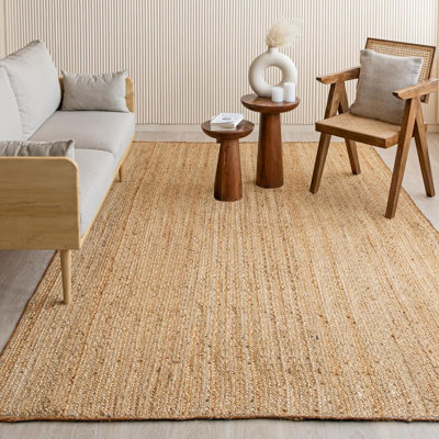Tapis rectangulaire en jute tressé | Tapis bohème réversible en fibre naturelle tissé à la main pour le salon, la chambre à coucher et la salle à manger | 10 pi x 14 pi | Naturel