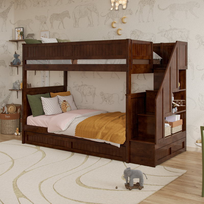 Keaire Staircase Bunk Bed with Storage Drawer and Twin Trundle, Walnut, Twin Over Twin