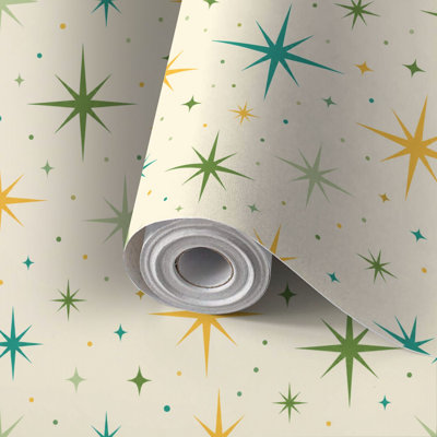 Papier peint adhésif peler et coller en PVC, revêtement mural auto-adhésif amovible avec imprimé Mid-Century moderne jaune étoile beige, imperméable pour la décoration intérieure - Rouleau