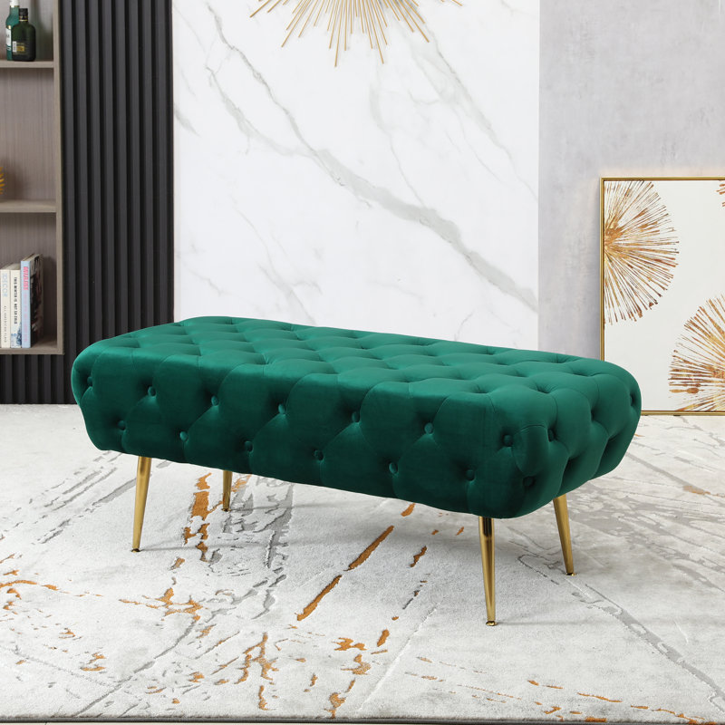 Sira Velvet Button Tufted Bench With Gold Metal Legs, Green