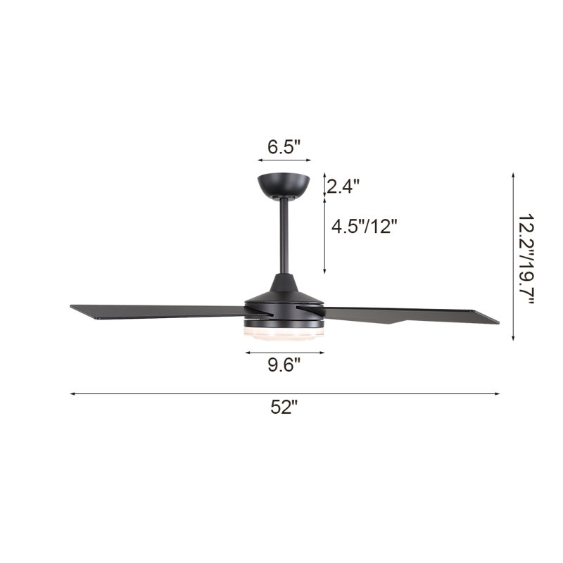 52 po Ventilateur de plafond à DEL 4 pales avec abat-jour en verre, Noir, noir, noir, noir, Black, Noir, noir, noir, noir