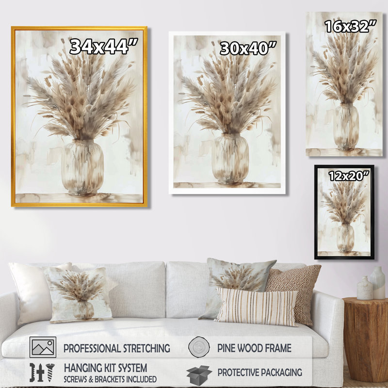 Beige blanc Boho Plant Chic I - Boho Feather Wall Art Living Room, H 24 po x l 32 po, Toile tendue