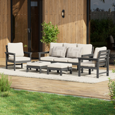 5 PCS HIPS All-Weather Patio Furniture Set with Ottoman & 3.9'' Detachable Cushions, Heavy Duty & Ergonomic Design Outdoor Sofa Set for Patio, Yard, Garden