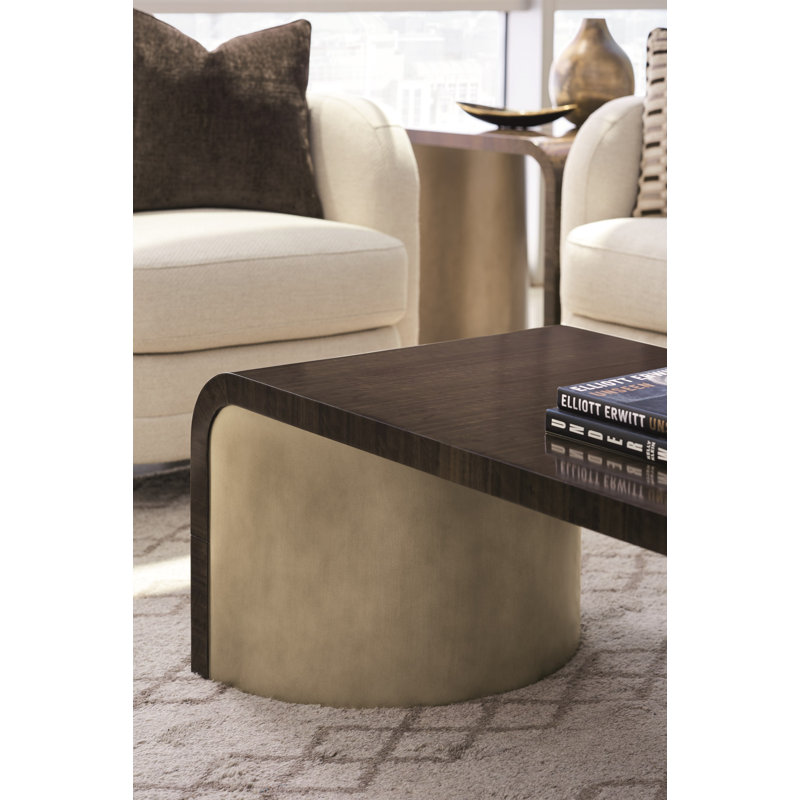 Aged Bourbon Rectangular Wood Cocktail Table with Bronze Pedestals