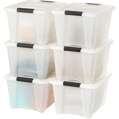 32 Qt Stackable Plastic Storage Bins With Lids, 6 Pack - BPA-Free,  - Discreet Organizing Solution, Latches, Durable Nestable Containers, Secure Pull Handle - Pearl
