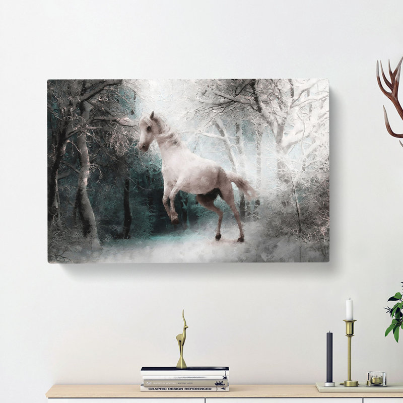 White Horse Rearing In A Winter Forest - Wrapped Canvas Painting, 35cm H x 50cm W x 3cm D