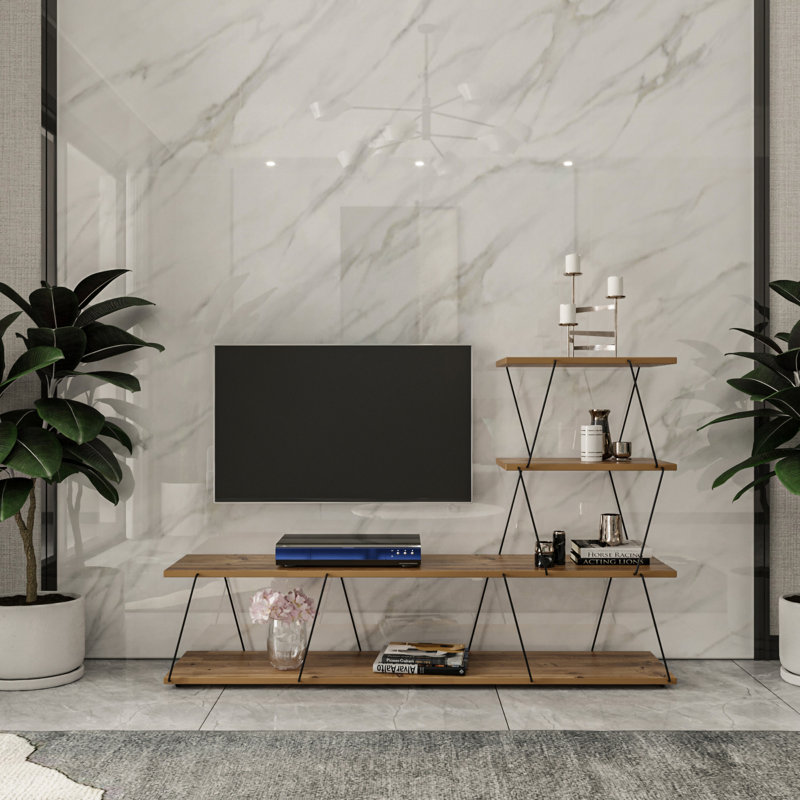 Meuble télé moderne avec option de fixation murale, 59,1 po x 36,6 po x 11,8 po | 100% panneau de particules enduit de mélamine, épaisseur: 0,7 pouce | Nombreuses tablettes, design industriel élégant pour le salon et les espaces de divertissement