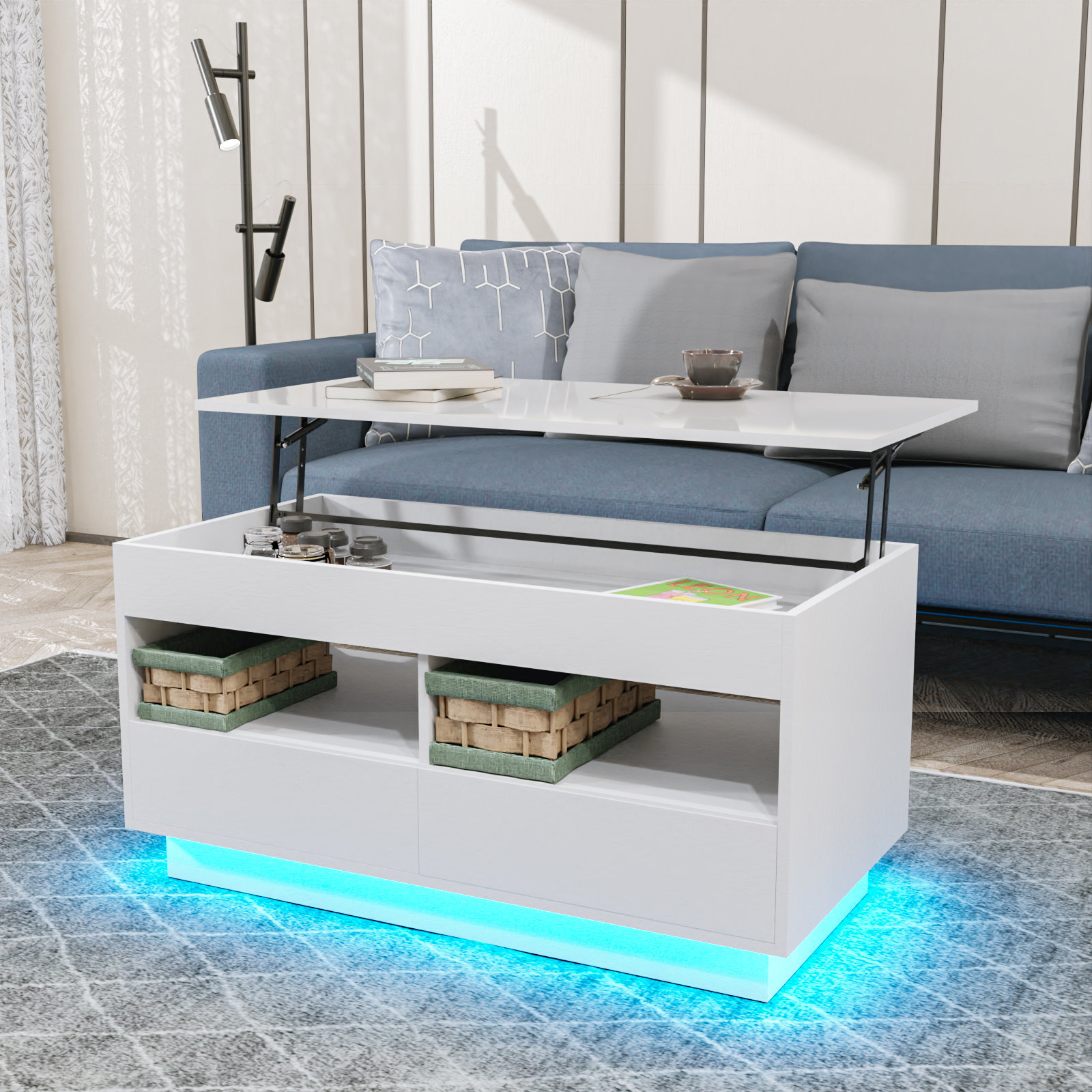 Wade Logan® Ayotomi Lift Top Coffee Table with RGB LED Lights, Hidden Compartment & Drawers & Shelves & Reviews | Wayfair