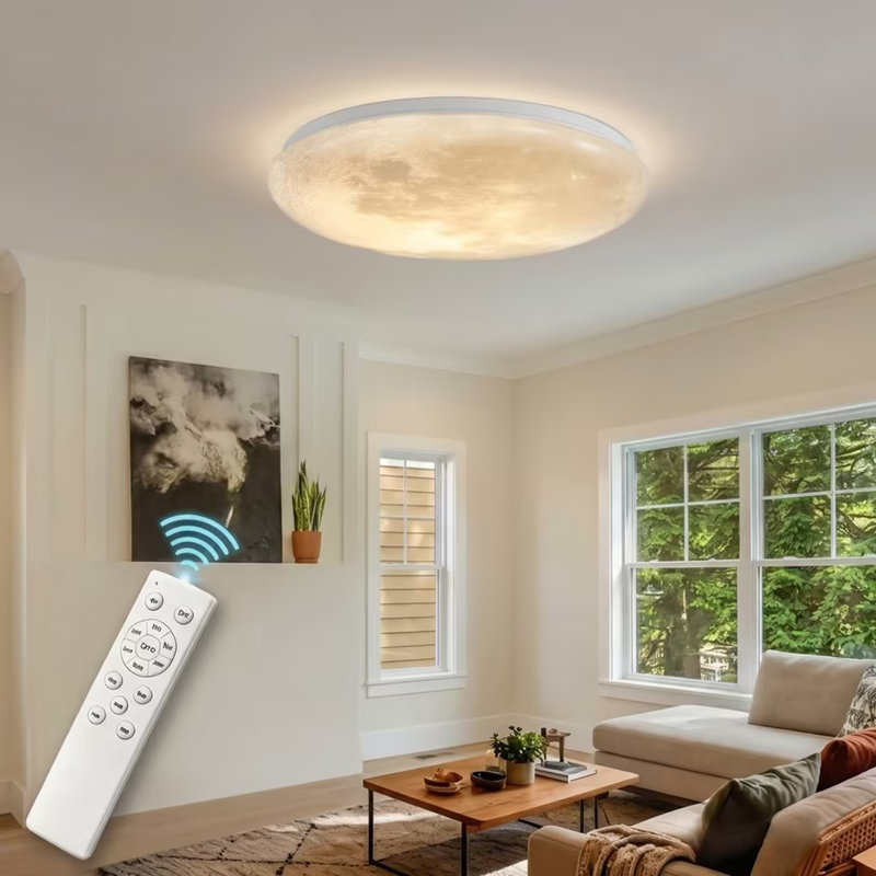 15" Flush Mount Light Remote Control Modern Moon Surface LED Ceiling Light - Dimmable, 3" H x 15" W x 15" W