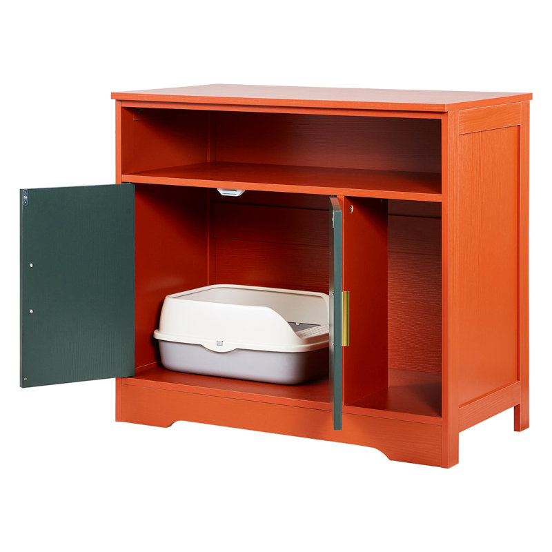 Meuble de rangement moderne pour chat d'intérieur, style maison, avec bac à litière intégré de 79 cm (31 po), étagères et table d'appoint. Convient à la plupart des bacs à litière. Couleur rouge. Fermeture hermétique pour limiter les odeurs.