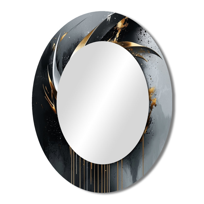 Black And Gold Abstract Shapes And Lines I - Modern Oval Wall Mirror, 43" x 33"