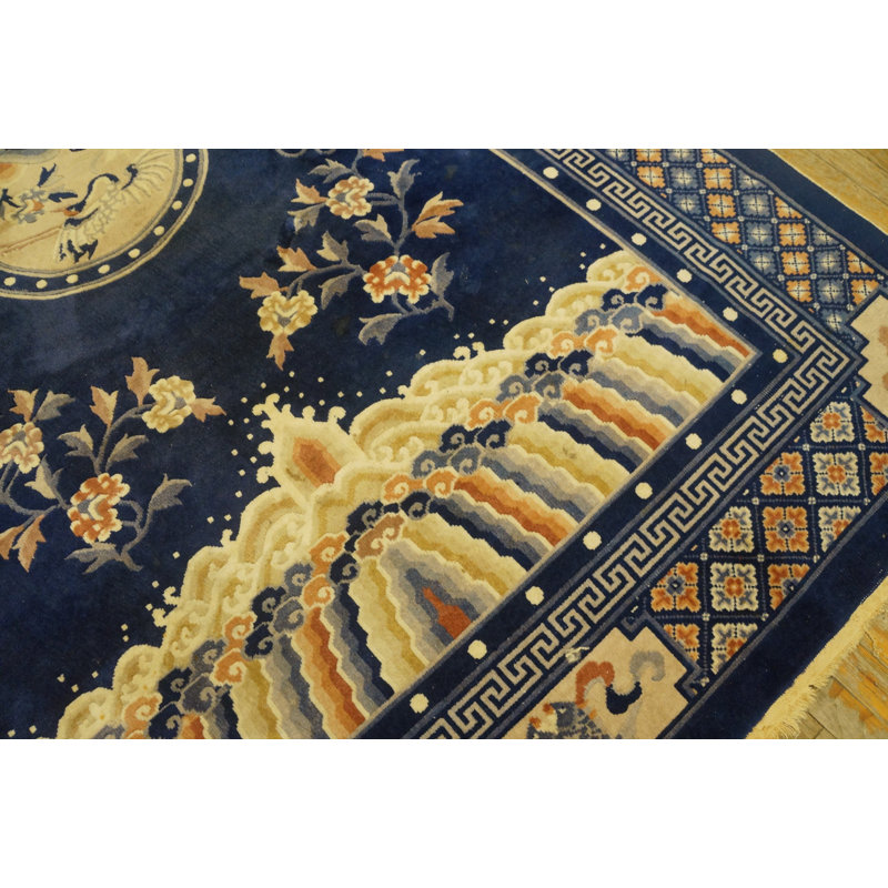 Hand Knotted Pile Wool Antique Blue Ivory Beige Cream White Rectangle 1920s Rug