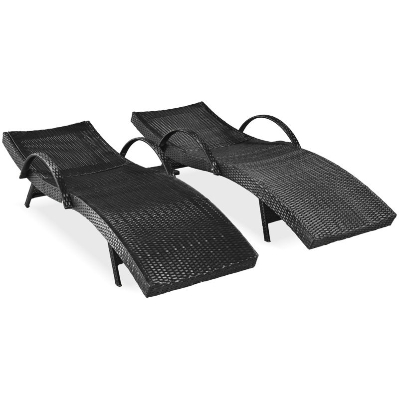 Lot de 2 chaises longues d'extérieur noires, ergonomiques et ondulées, réglables, avec table d'appoint. Testées et inclinables, ces chaises longues coulissantes de patio offrent un confort optimal.