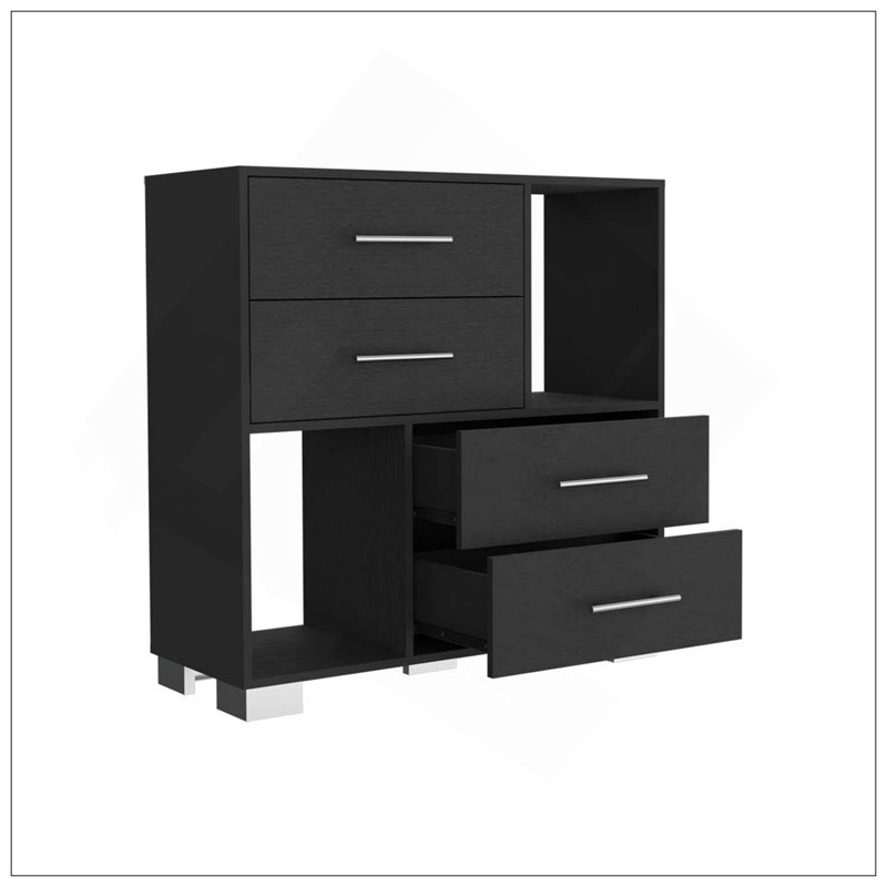 Commode Hetzs, quatre tiroirs, deux tablettes ouvertes, finition wengé noir